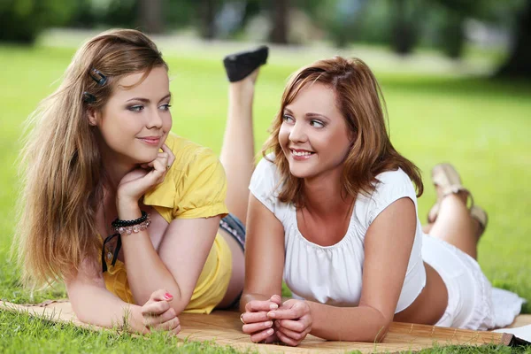 Δύο Όμορφα Κορίτσια Διασκεδάζοντας Μια Picknick Ένα Πάρκο — Φωτογραφία Αρχείου