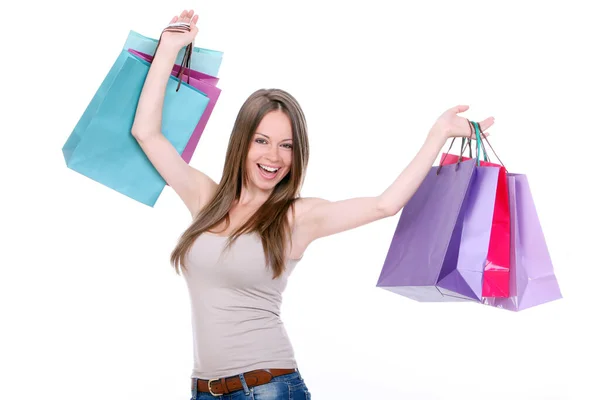 Jeune Femme Avec Des Sacs Provisions Sur Fond Blanc — Photo