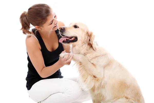 Mulher Feliz Seu Belo Cão Sobre Fundo Branco — Fotografia de Stock