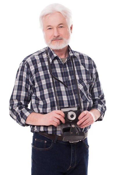 Elderly Photographer Retro White Background — Stock Photo, Image