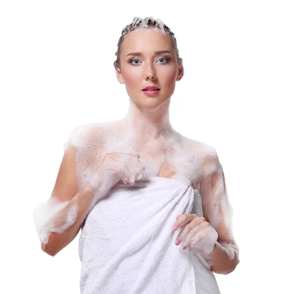 Busa Sabun Cuci Wanita Dengan Latar Belakang Putih — Stok Foto