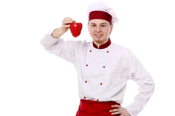 Joven Feliz Chef Con Pimentón Rojo — Foto de Stock