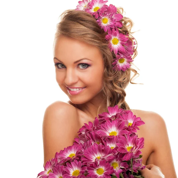 Beautiful Young Caucasian Woman Flowers Her Hair Isolated White Background Stock Photo