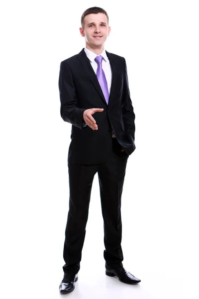 ハンドシェイク白い背景の上に提供しているハンサムなビジネスマン — ストック写真