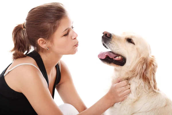 Mulher Feliz Seu Belo Cão Sobre Fundo Branco — Fotografia de Stock