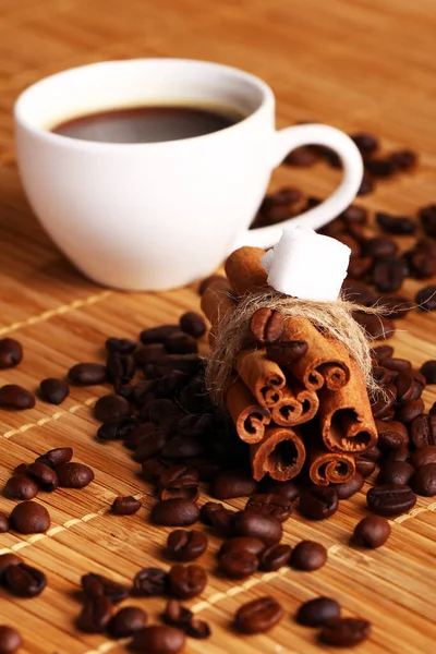 Cup Hot Coffee Cinnamon Sticks Wooden Surface — Stock Photo, Image