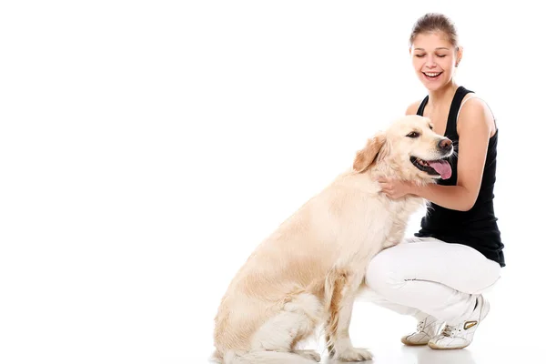 Mulher Feliz Seu Belo Cão Sobre Fundo Branco — Fotografia de Stock