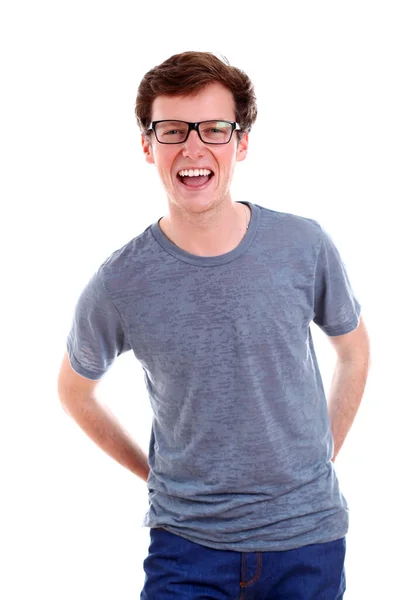 Retrato Jovem Feliz Cara Óculos Sobre Fundo Branco — Fotografia de Stock