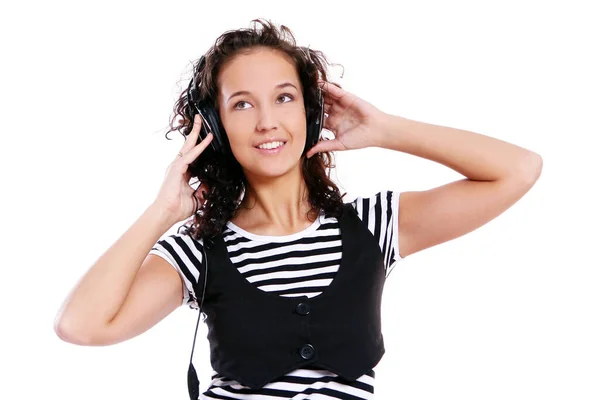 Chica Joven Hermosa Con Auriculares Aislados Sobre Fondo Blanco — Foto de Stock