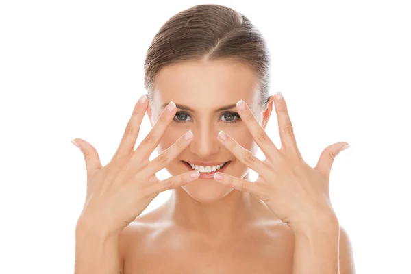 Jonge Gelukkig Prachtige Natuurlijke Vrouw Naakt Witte Achtergrond — Stockfoto