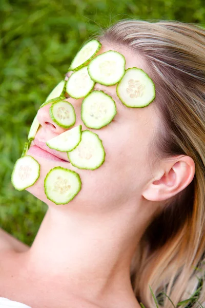 Young Happy Woman Cucumber Slices Her Face — Stock Photo, Image