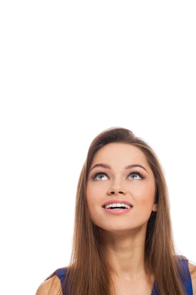 Retrato Mujer Hermosa Mirando Hacia Arriba Aislado Sobre Fondo Blanco — Foto de Stock