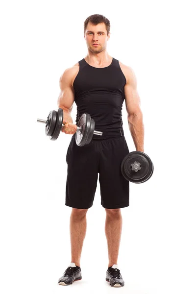 Handsome Guy Working Out Dumbbells Isolated White Background — Stock Photo, Image