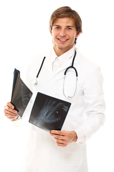 Retrato Belo Jovem Médico Fundo Branco — Fotografia de Stock