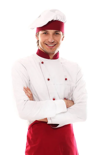Genç Yakışıklı Pişirmek Portre Beyaz Bir Arka Plan Üzerinde Gülümseyen — Stok fotoğraf