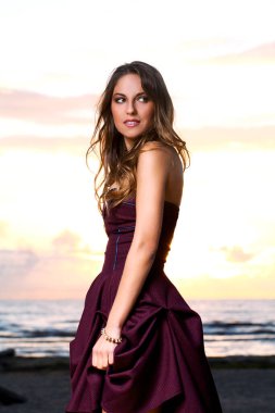 Koyu mor bir elbise giyen kahverengi saçlı güzel bir kız sahilde poz veriyor.
