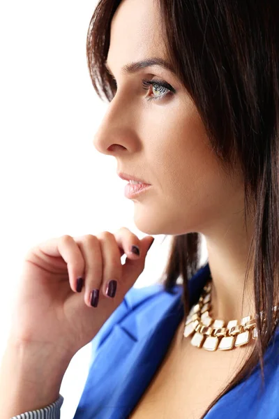 Portraif Van Een Mooie Brunette Vrouw Met Ketting Blauw Jasje — Stockfoto