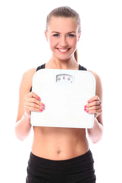 Schöne Fitness Mädchen Hält Waagen Über Weißem Hintergrund — Stockfoto