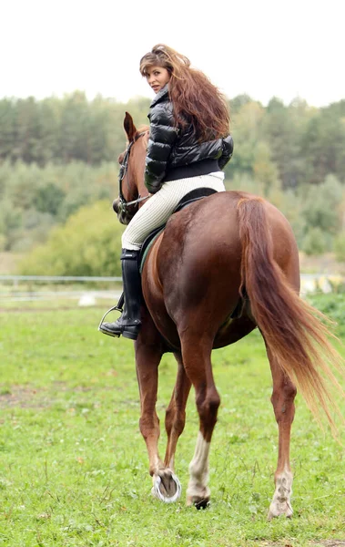 Frau Und Ihr Schönes Braunes Pferd — Stockfoto
