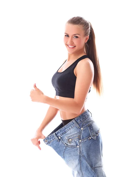 Vrouw Dragen Van Oude Jeans Gewichtsverlies Witte Achtergrond — Stockfoto