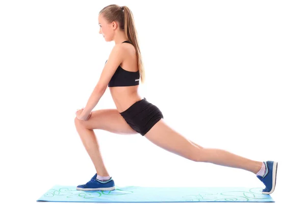 Junges Mädchen Macht Stretching Übungen Vor Weißem Hintergrund — Stockfoto