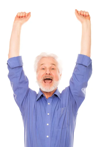 Beyaz Arka Plan Üzerinde Izole Sakallı Yaşlı Bir Adam Mutlu — Stok fotoğraf