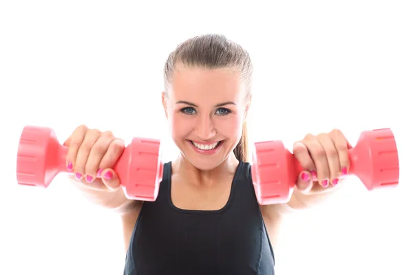 Mulher Feliz Fazendo Exercícios Com Halteres Sobre Fundo Branco — Fotografia de Stock