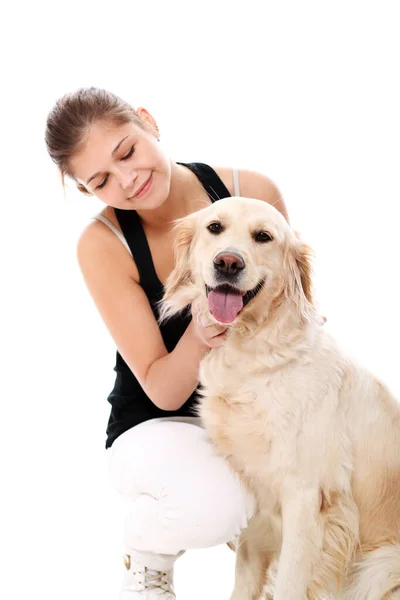Mulher Feliz Seu Belo Cão Sobre Fundo Branco — Fotografia de Stock