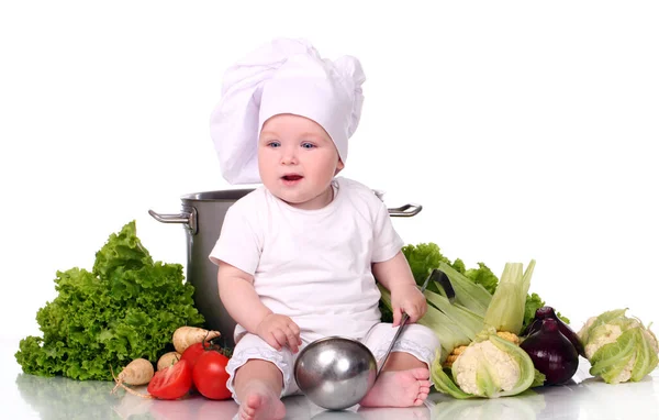 Cute Baby Chef Big Pot Vegetables White Background Stock Photo