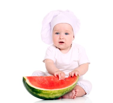 Şirin Bebek aşçı ile karpuz beyaz zemin üzerine