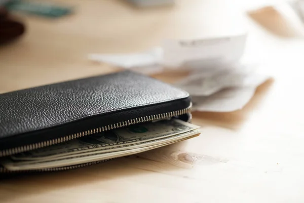 Leather Wallet Cash Wooden Table Some Cheques — Stock Photo, Image