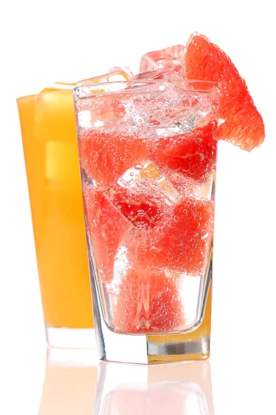 Pomerančová Grapefruitová Šťáva Světlém Stole Barevném Pozadí — Stock fotografie
