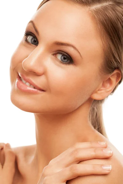 Vacker Ung Kaukasiska Kvinna Med Naturlig Makeup Över Vit Bakgrund — Stockfoto