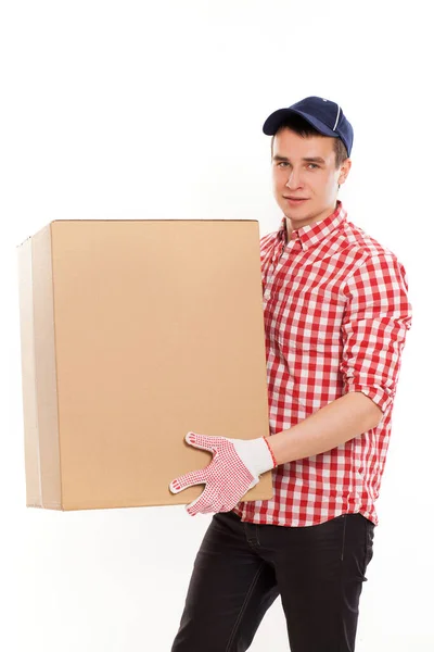 Handsome Young Caucasian Courier Brown Box Isolated White Background — Stock Photo, Image