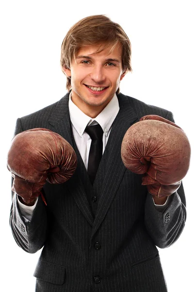 Portrait Bel Homme Affaires Gants Boxe Sur Fond Blanc — Photo