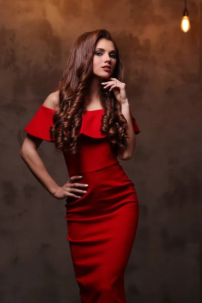 Woman Red Dress Gorgeous Curly Hairdo — Stock Photo, Image
