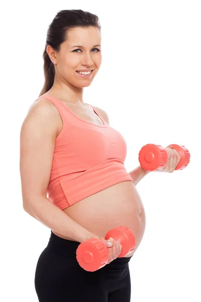 Krásná Těhotná Žena Pracuje Činky Izolované Přes Bílé Pozadí — Stock fotografie