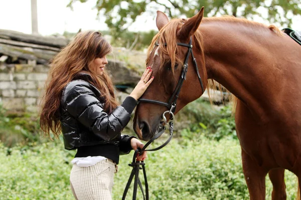 Woman Her Beautiful Brown Horse — Stock Photo, Image