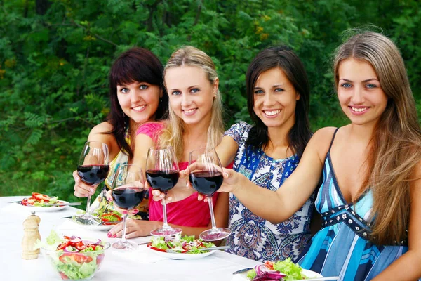 Gruppe Schöner Frauen Trinkt Wein Park — Stockfoto