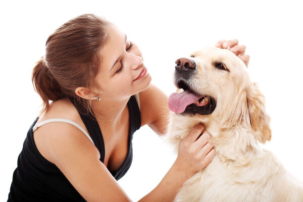 Happy woman and her beautiful dog over white background