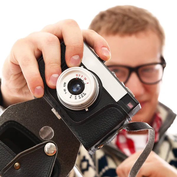 Homem Loiro Com Óculos Posando Fundo Branco — Fotografia de Stock