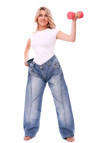 Happy Mid Aged Woman Posing Losing Weight Concept — Stock Photo, Image