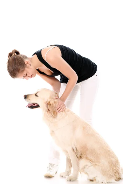 Mulher Feliz Seu Belo Cão Sobre Fundo Branco — Fotografia de Stock