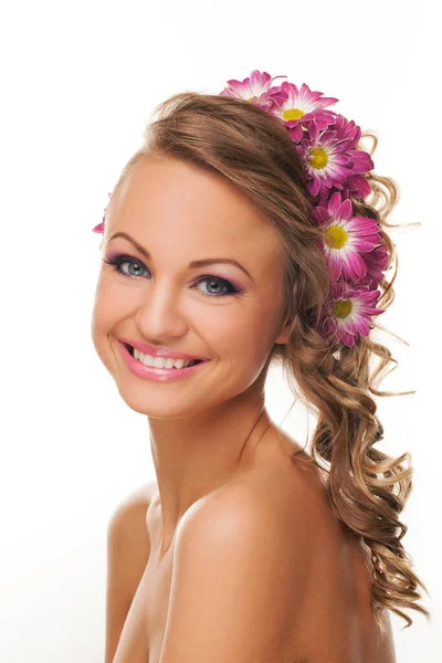 Beautiful Caucasian Woman Flowers Her Hair Isolated White Background Stock Photo