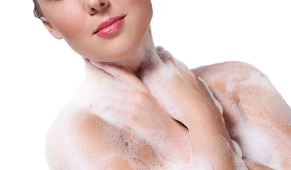 Soap Foam Wash Woman White Background Stock Image