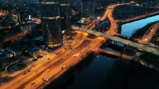Aerial View City Buildings Traffic Night Time Lapse — Stock Video