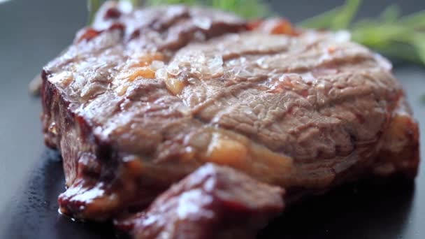 Delicious Grilled Steak Plate Close — Stock Video