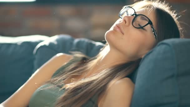 Young Beautiful Woman Relaxing Home — Stock Video