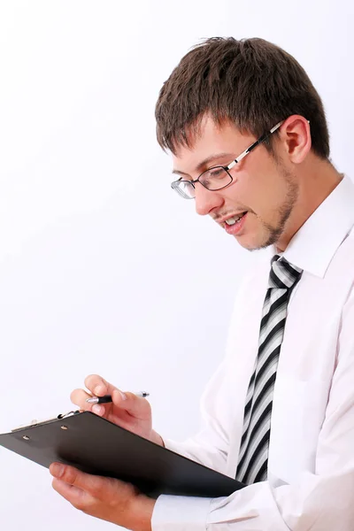 Feliz Hombre Negocios Gafas Está Llenando Documentos — Foto de Stock