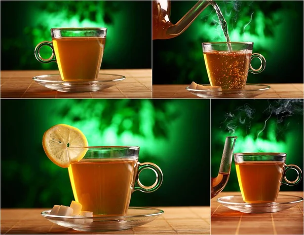 Чашка Кофе Ломтиком Лимона Чайник Рядом Находится Столе Мистическом Зеленоватом — стоковое фото